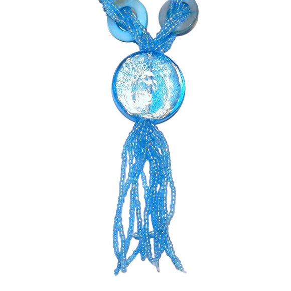 New Blue Silver Foil Glass Pendant & Mother of Pearl Gemstone Necklace 18" FN138 - Picture 3 of 3